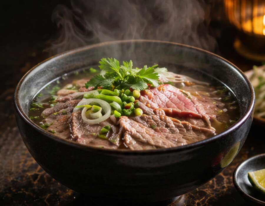 Heiße Pho-Suppe mit Rindfleisch, Reisbandnudeln und frischen Kräutern